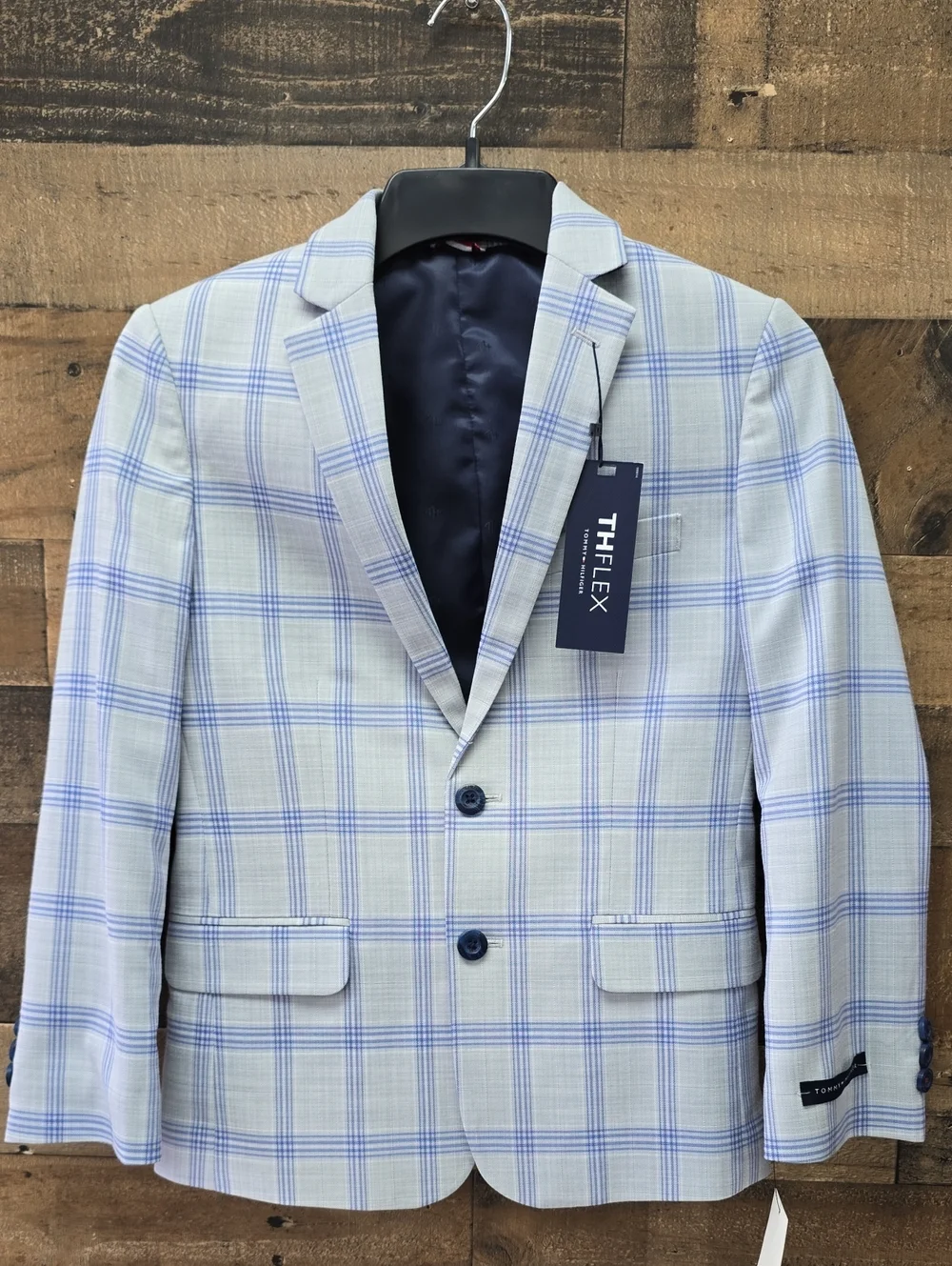 Boys Coat TOMMY-HILFIGER THFLEX Light Blue Windowpane Plaid Sport Blazzer Size10